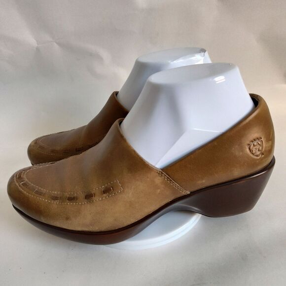 Ariat Aristotle Camel Tan Leather Slip On Western Clogs Stitching Women's Size 7 - Picture 3 of 10